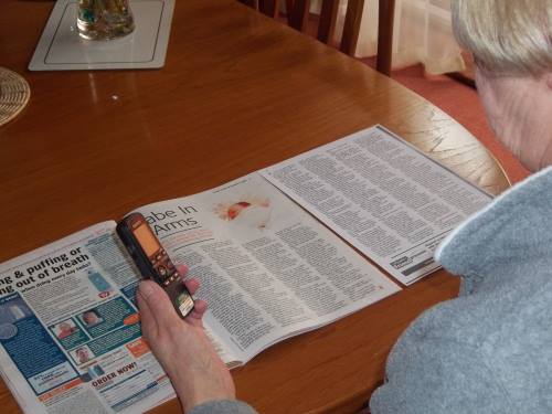 Sue dictating articles at home for the local magazine section